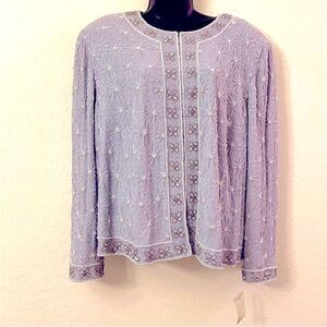 Vtg Fairy Adrianna Pappel Icy Lavender Floral Beaded Pearl Oversize Jacket 2X 18